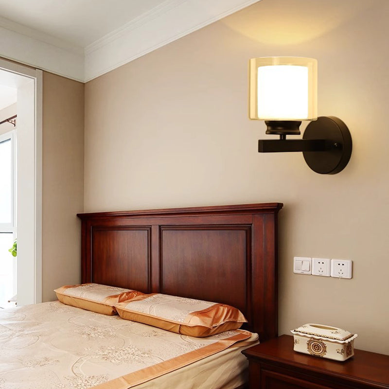 Modern Minimalist Round Column Glass Iron 1-Light Wall Sconce Lamp For Bedroom