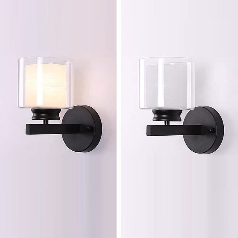 Modern Minimalist Round Column Glass Iron 1-Light Wall Sconce Lamp For Bedroom