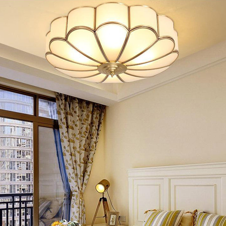 Moderne Luxus Floral Runde Glas Kupfer 3/4 Licht Unterputz Deckenleuchte für Schlafzimmer 