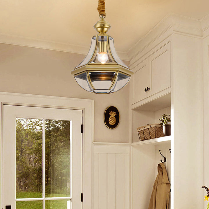 Suspension contemporaine scandinave hexagonale en verre rond cuivre à 1 lumière pour salon 