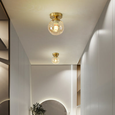 Modern Minimalist Round Ball Cylinder Round Glass Copper 1/2 Light Semi-Flush Mount Ceiling Light For Living Room