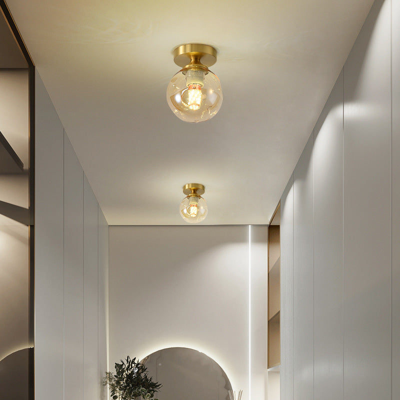 Modern Minimalist Round Ball Cylinder Round Glass Copper 1/2 Light Semi-Flush Mount Ceiling Light For Living Room