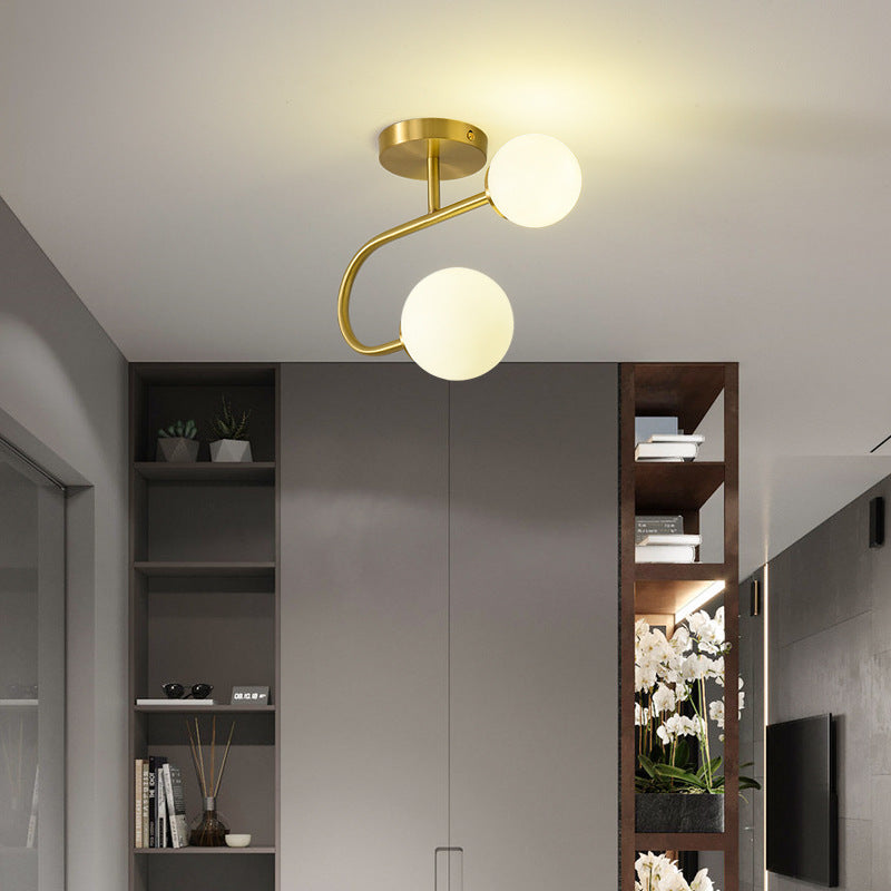 Modern Minimalist Round Ball Cylinder Round Glass Copper 1/2 Light Semi-Flush Mount Ceiling Light For Living Room