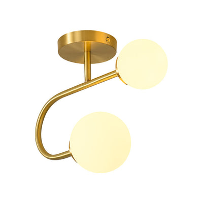 Modern Minimalist Round Ball Cylinder Round Glass Copper 1/2 Light Semi-Flush Mount Ceiling Light For Living Room