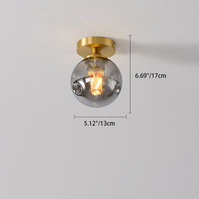 Modern Minimalist Round Ball Cylinder Round Glass Copper 1/2 Light Semi-Flush Mount Ceiling Light For Living Room