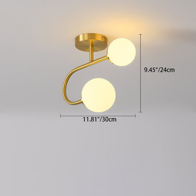 Modern Minimalist Round Ball Cylinder Round Glass Copper 1/2 Light Semi-Flush Mount Ceiling Light For Living Room