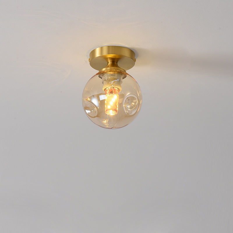 Modern Minimalist Round Ball Cylinder Round Glass Copper 1/2 Light Semi-Flush Mount Ceiling Light For Living Room