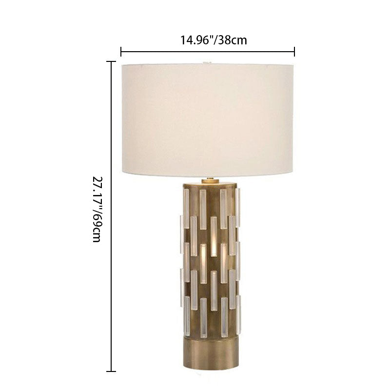 Lámpara de mesa de 1 luz de metal y tela con corte cilíndrico redondo minimalista moderna para dormitorio 