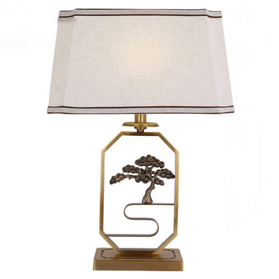 Traditional Chinese Square Round Tree Leaf Fabric Copper 1-Light Table Lamp For Bedroom