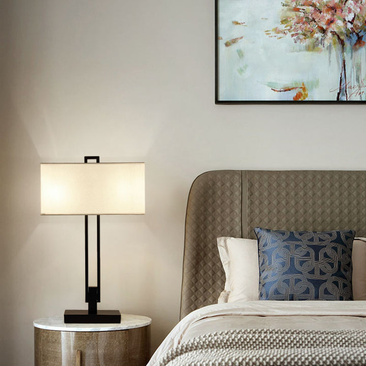 Lampe de table traditionnelle chinoise en tissu rond carré avec ligne droite en fer 1/2 lumière pour salon 