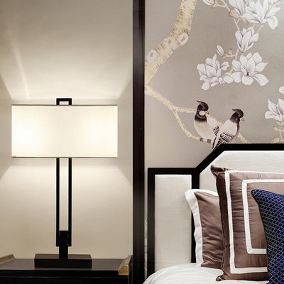 Traditionelle chinesische quadratische runde gerade Linie Stoff Eisen 1/2 Licht Tischlampe für Wohnzimmer 