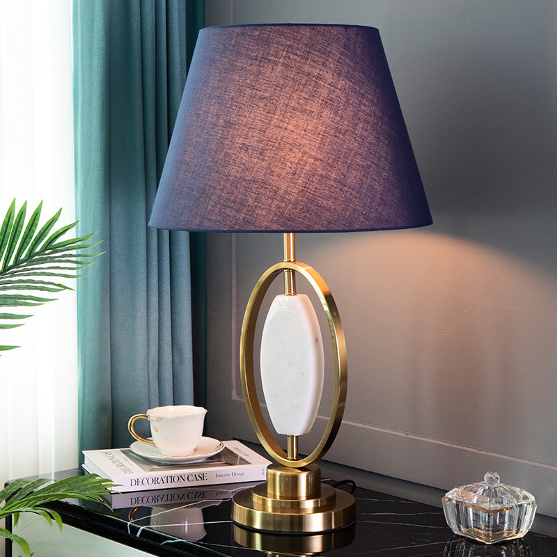 Lampe de table traditionnelle vintage à colonne ronde en tissu et métal à 1 lumière pour salon 