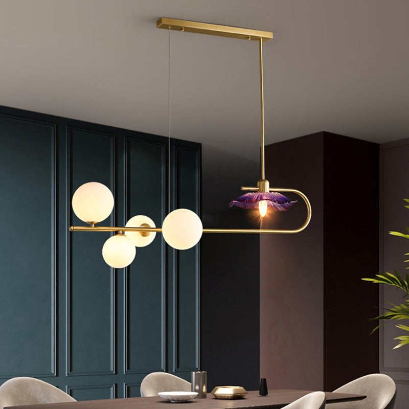 Lustre contemporain créatif en verre avec fleurs en forme de haricot magique incurvé et cuivre à 5 lumières pour salon 