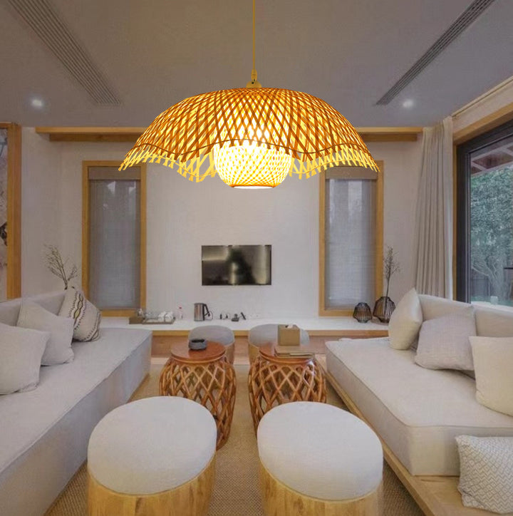 Chapeau traditionnel japonais en paille demi-rond en bambou avec une suspension à 1 lumière pour le salon 