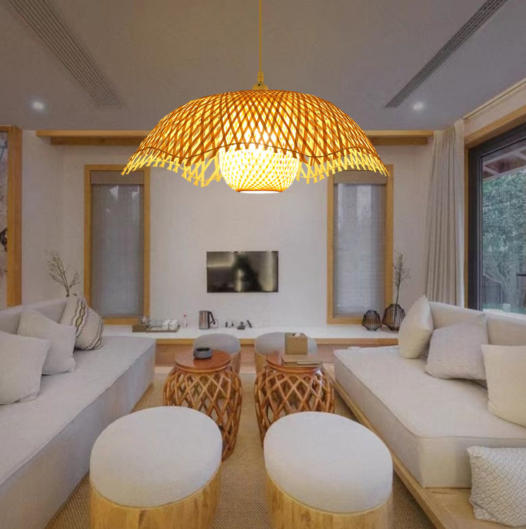 Chapeau traditionnel japonais en paille demi-rond en bambou avec une suspension à 1 lumière pour le salon 
