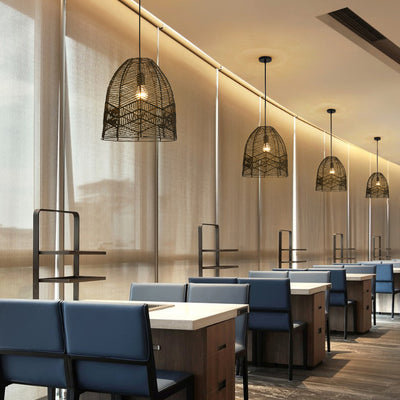 Suspension lumineuse à 1 lumière en fer sisal avec découpe ronde japonaise traditionnelle pour salon 