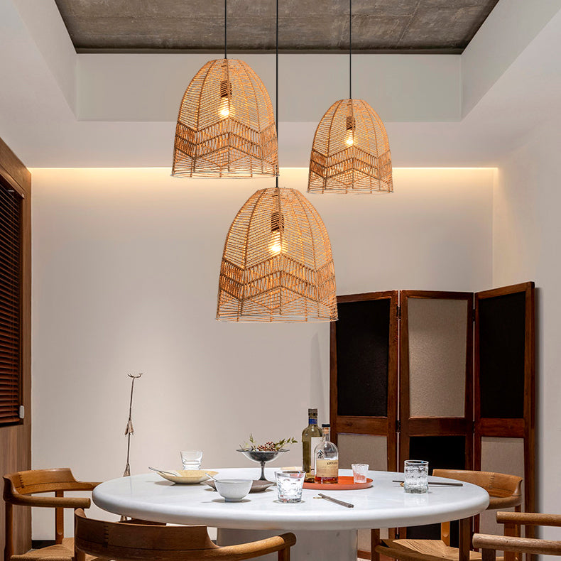 Suspension lumineuse à 1 lumière en fer sisal avec découpe ronde japonaise traditionnelle pour salon 