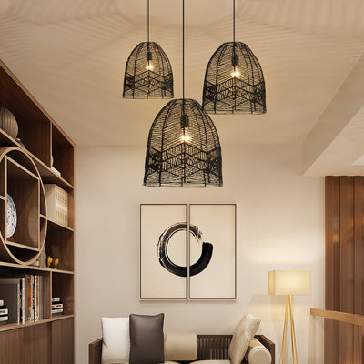Suspension lumineuse à 1 lumière en fer sisal avec découpe ronde japonaise traditionnelle pour salon 