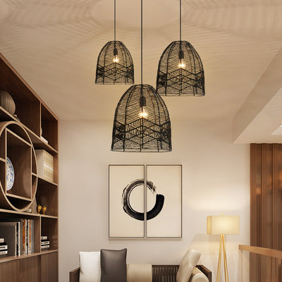 Suspension lumineuse à 1 lumière en fer sisal avec découpe ronde japonaise traditionnelle pour salon 