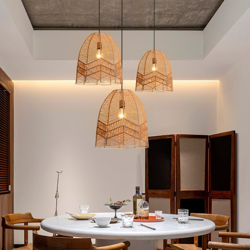 Suspension lumineuse à 1 lumière en fer sisal avec découpe ronde japonaise traditionnelle pour salon 