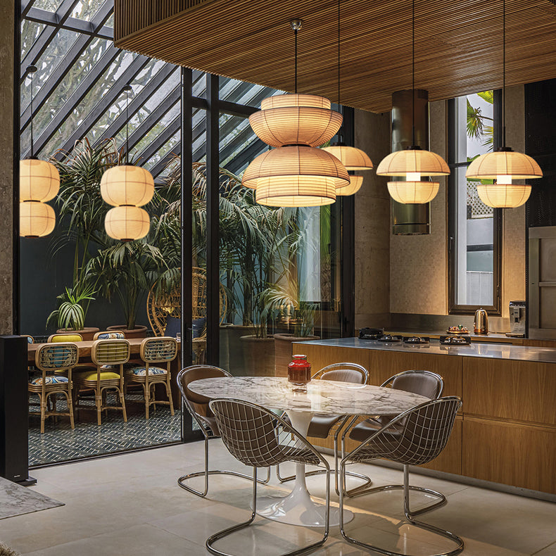 Lustre suspendu 1 lumière en fer avec tissu en forme de bol semi-circulaire japonais traditionnel pour salon 