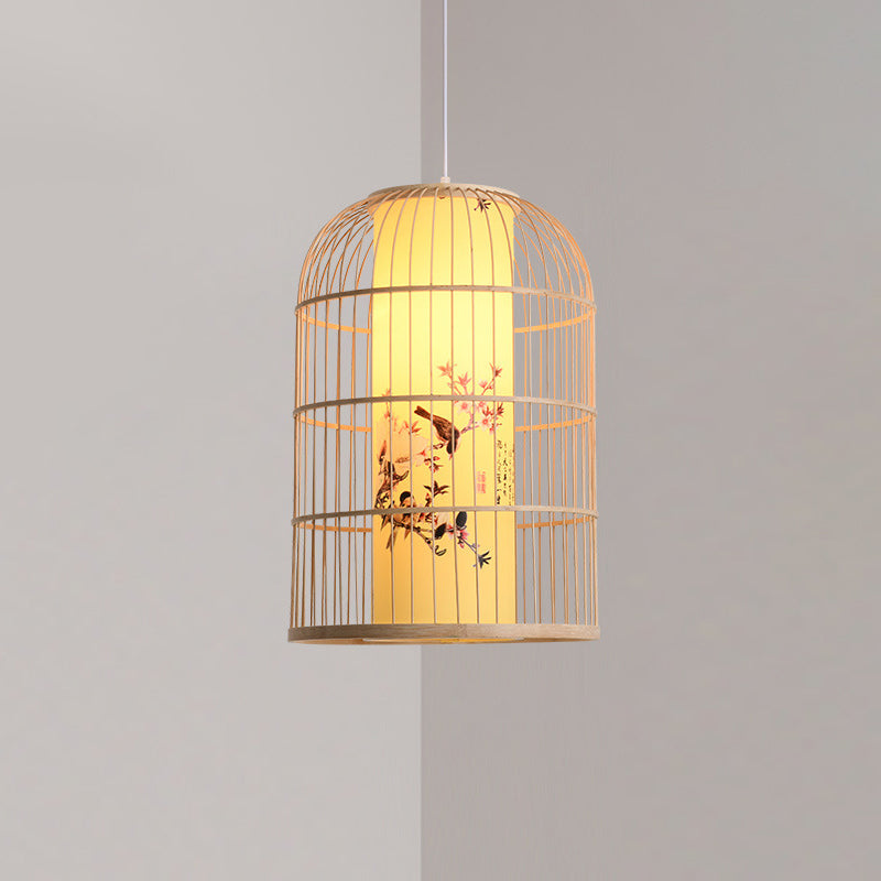 Traditionelle chinesische zylindrische runde Druck Faux Schaffell Bambus 1-Licht Pendelleuchte für Wohnzimmer 