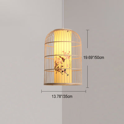 Traditionelle chinesische zylindrische runde Druck Faux Schaffell Bambus 1-Licht Pendelleuchte für Wohnzimmer 