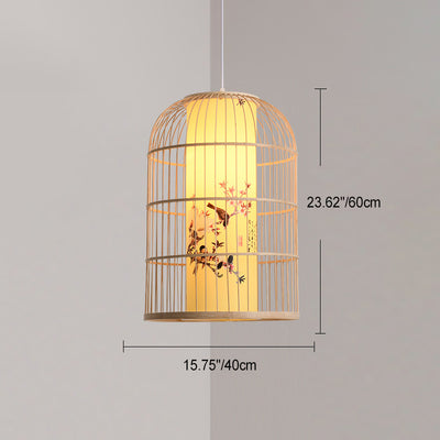 Traditionelle chinesische zylindrische runde Druck Faux Schaffell Bambus 1-Licht Pendelleuchte für Wohnzimmer 