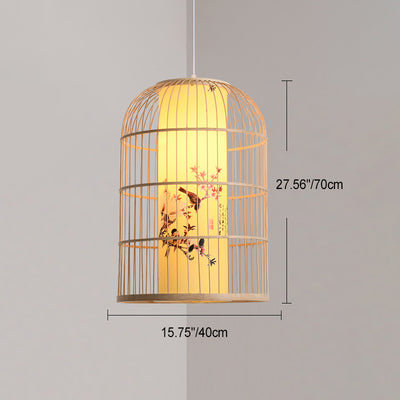 Traditionelle chinesische zylindrische runde Druck Faux Schaffell Bambus 1-Licht Pendelleuchte für Wohnzimmer 