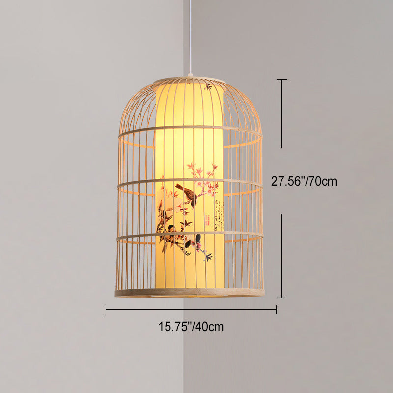 Traditionelle chinesische zylindrische runde Druck Faux Schaffell Bambus 1-Licht Pendelleuchte für Wohnzimmer 