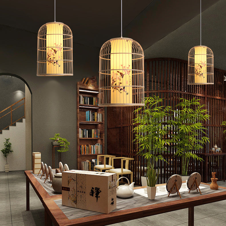 Traditionelle chinesische zylindrische runde Druck Faux Schaffell Bambus 1-Licht Pendelleuchte für Wohnzimmer 
