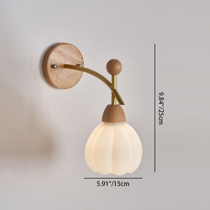 Lámpara de Aplique de Pared de 1 Luz de Calabaza Japonesa Tradicional con Vidrio Redondo, Madera de Caucho y Herrajes para Sala de Estar 