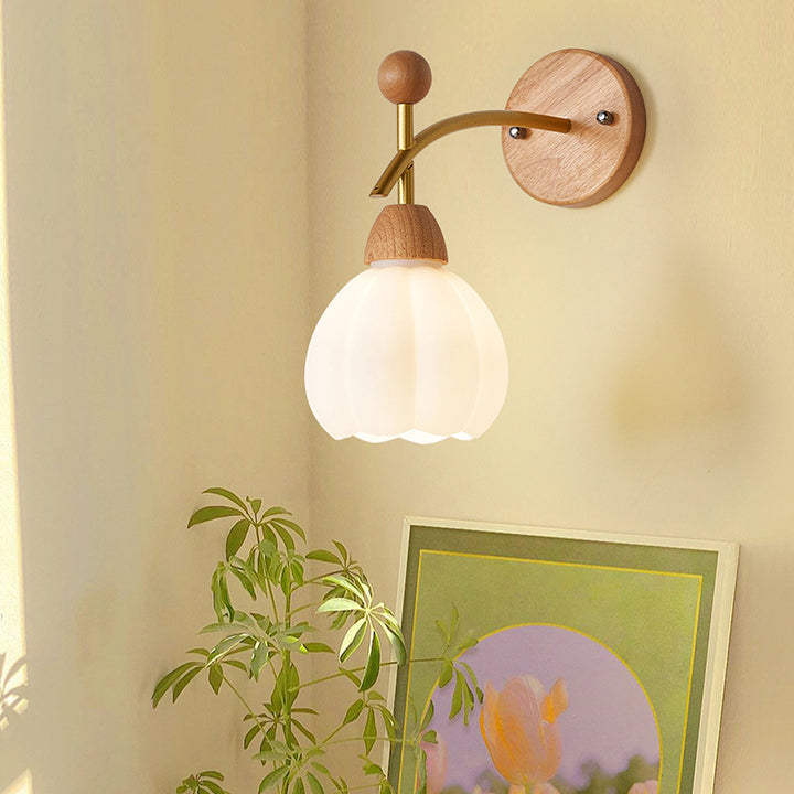 Lámpara de Aplique de Pared de 1 Luz de Calabaza Japonesa Tradicional con Vidrio Redondo, Madera de Caucho y Herrajes para Sala de Estar 