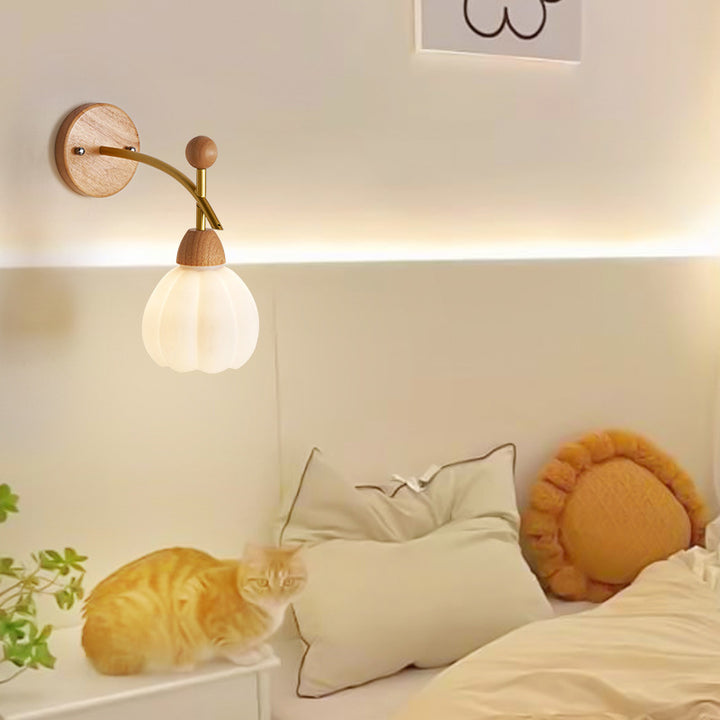 Lámpara de Aplique de Pared de 1 Luz de Calabaza Japonesa Tradicional con Vidrio Redondo, Madera de Caucho y Herrajes para Sala de Estar 