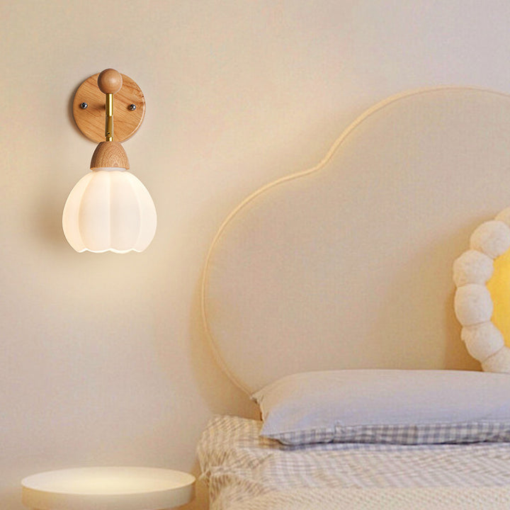 Lámpara de Aplique de Pared de 1 Luz de Calabaza Japonesa Tradicional con Vidrio Redondo, Madera de Caucho y Herrajes para Sala de Estar 