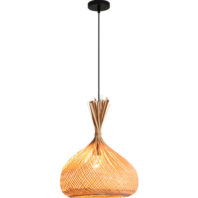 Suspension lumineuse 1 lumière en bambou creux rond traditionnel japonais en fer pour salon 