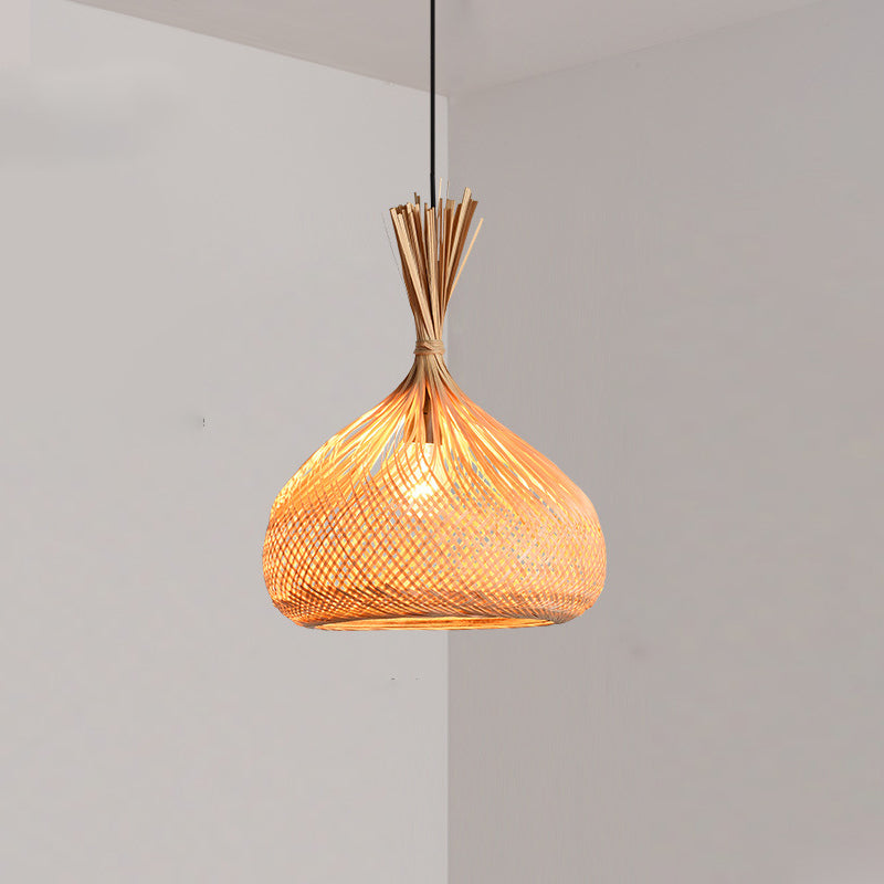 Suspension lumineuse 1 lumière en bambou creux rond traditionnel japonais en fer pour salon 