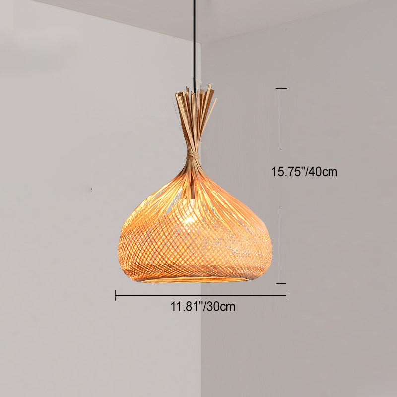 Suspension lumineuse 1 lumière en bambou creux rond traditionnel japonais en fer pour salon 