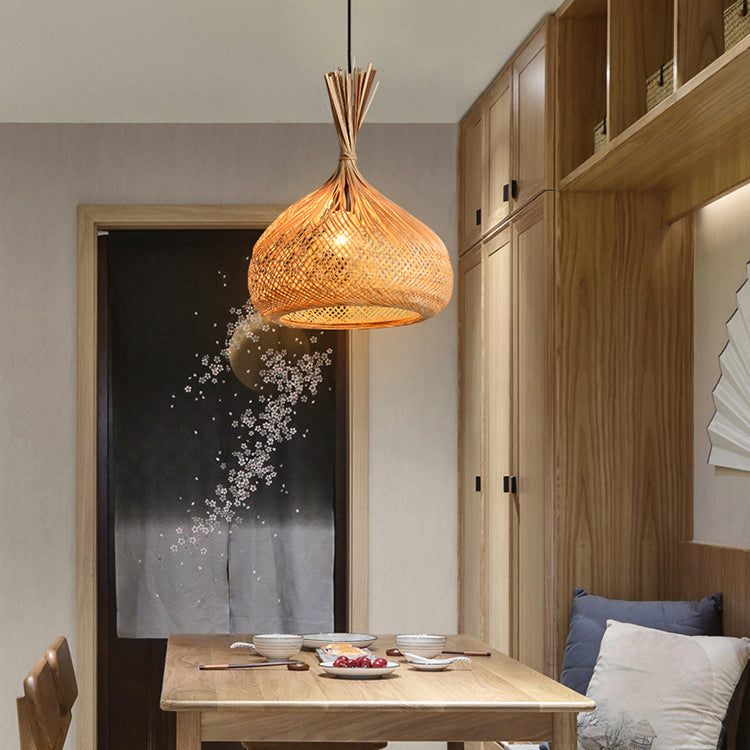 Suspension lumineuse 1 lumière en bambou creux rond traditionnel japonais en fer pour salon 
