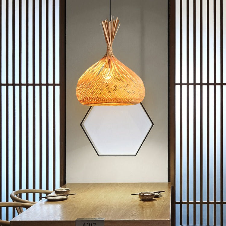 Suspension lumineuse 1 lumière en bambou creux rond traditionnel japonais en fer pour salon 