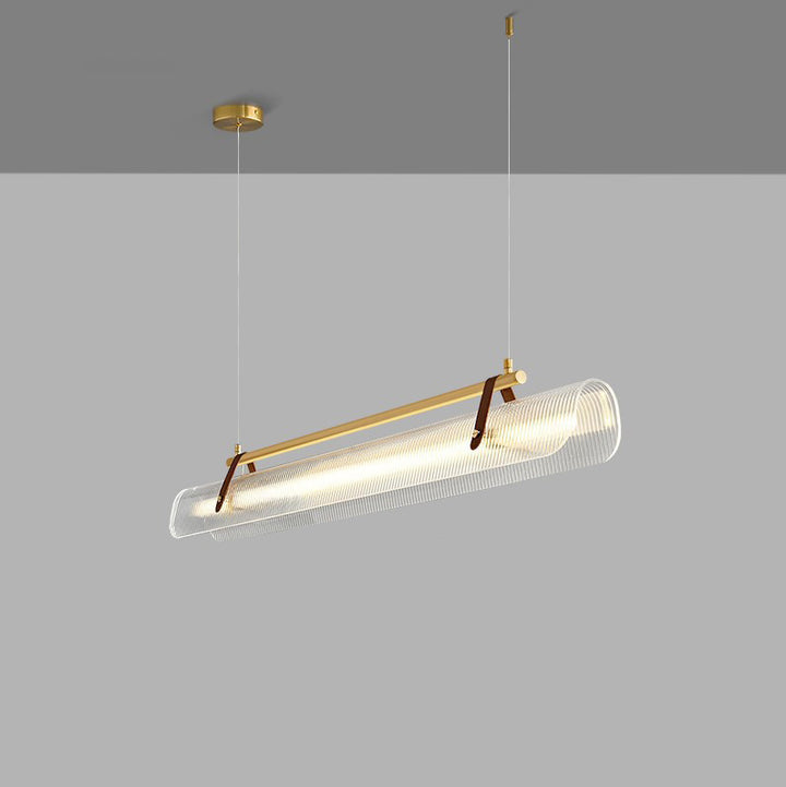 Lustre contemporain scandinave en forme de cylindre arqué long en acrylique, cuir et fer avec LED pour salon 
