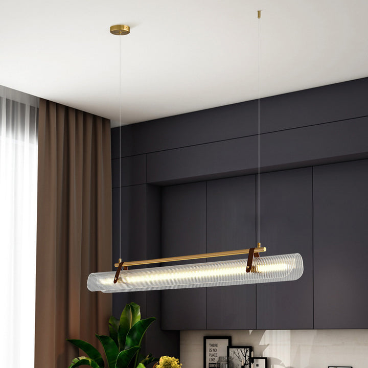 Lustre contemporain scandinave en forme de cylindre arqué long en acrylique, cuir et fer avec LED pour salon 