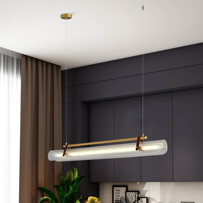 Lustre contemporain scandinave en forme de cylindre arqué long en acrylique, cuir et fer avec LED pour salon 