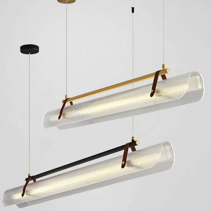 Lustre contemporain scandinave en forme de cylindre arqué long en acrylique, cuir et fer avec LED pour salon 