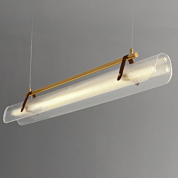 Lustre contemporain scandinave en forme de cylindre arqué long en acrylique, cuir et fer avec LED pour salon 