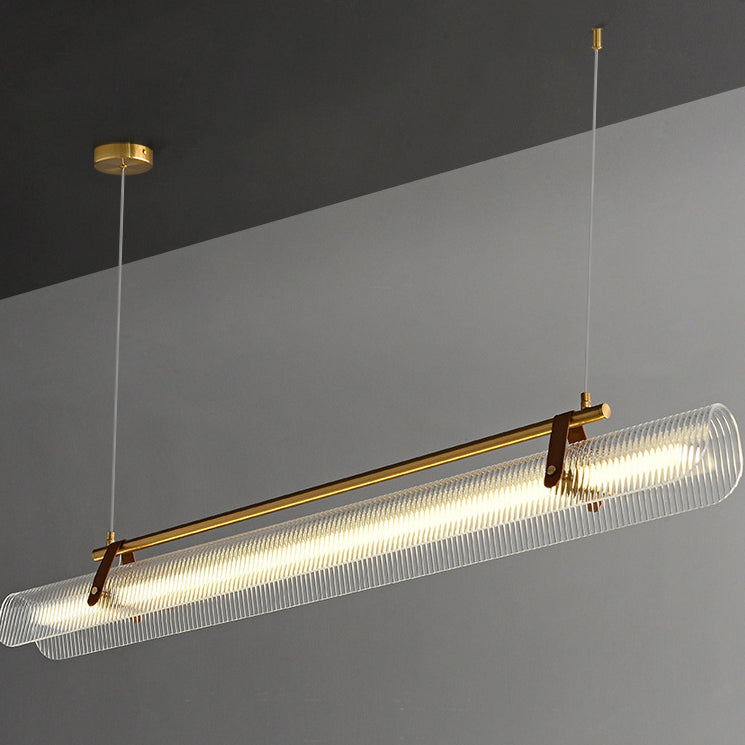 Lustre contemporain scandinave en forme de cylindre arqué long en acrylique, cuir et fer avec LED pour salon 