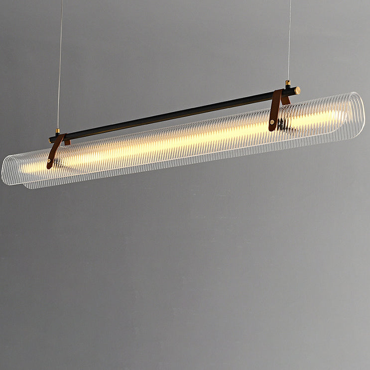 Lustre contemporain scandinave en forme de cylindre arqué long en acrylique, cuir et fer avec LED pour salon 