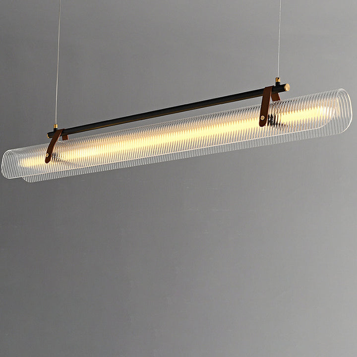 Lustre contemporain scandinave en forme de cylindre arqué long en acrylique, cuir et fer avec LED pour salon 
