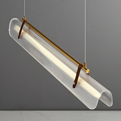 Lustre contemporain scandinave en forme de cylindre arqué long en acrylique, cuir et fer avec LED pour salon 