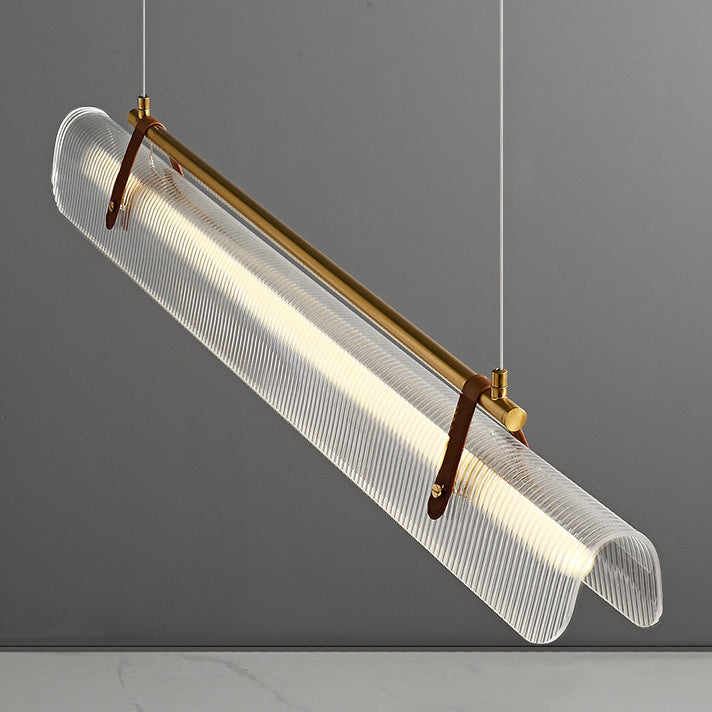 Lustre contemporain scandinave en forme de cylindre arqué long en acrylique, cuir et fer avec LED pour salon 